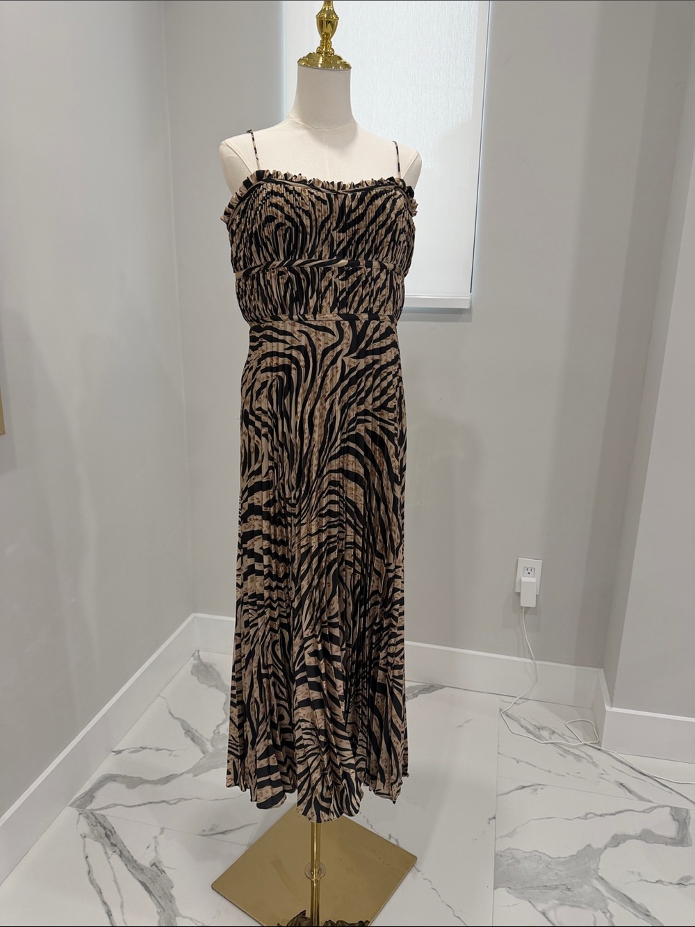 Sleeveless Zebra-Print Maxi Dress in Black and Tan